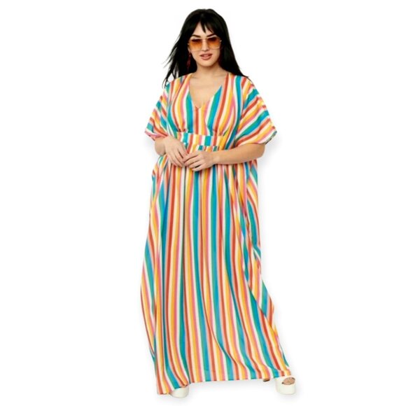 Rainbow Mood: Unique Vintage Caftan Dress – Flowy Summer Vibes One Size - Picture 2 of 16